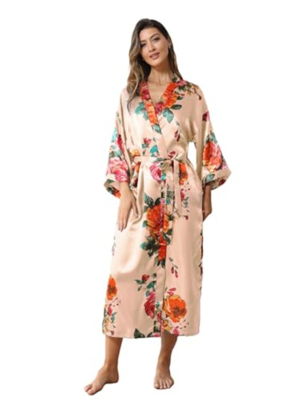 Women's Satin Kimono Robe Floral Long Silky Bridal Bridesmaid Dressing Gown